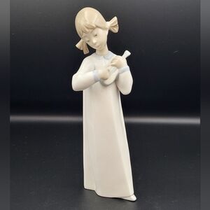 Vintage LLADRO Porcelain Figurine 8" Girl with Pigtails Playing Violin/Mandolin